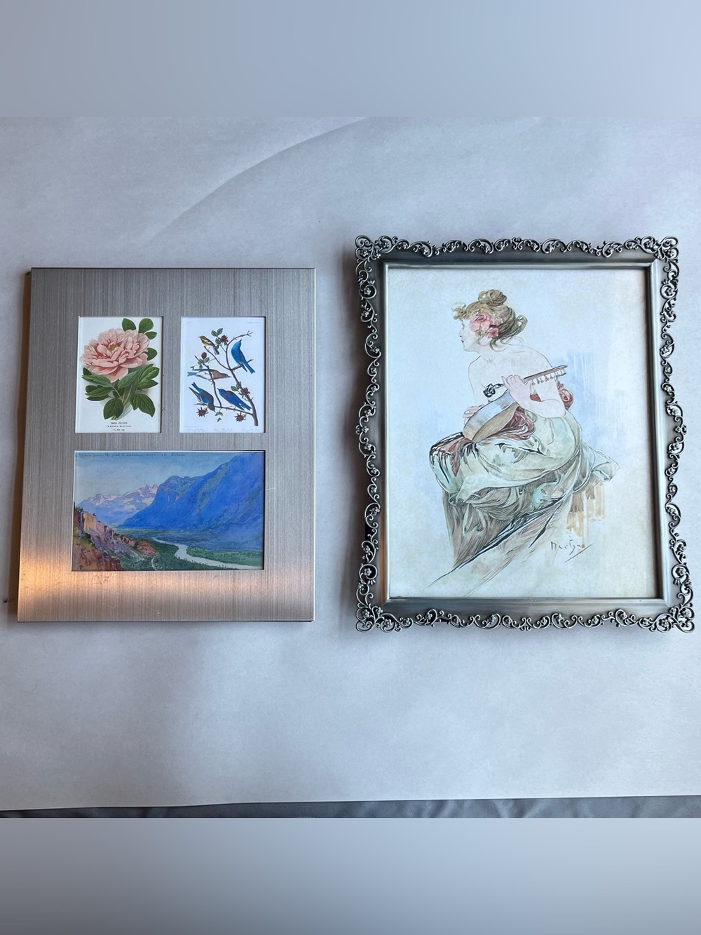Silver Tone Ornate Metal Picture Photo Frames W/ Fine Art Prints Set Of 2